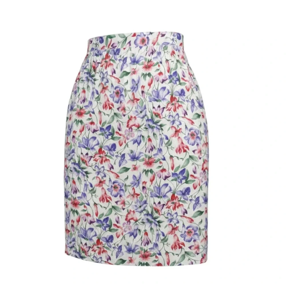 Vintage 100% Silk Floral Jacquard Midi Skirt Purple Red White Size 12 S Cottage